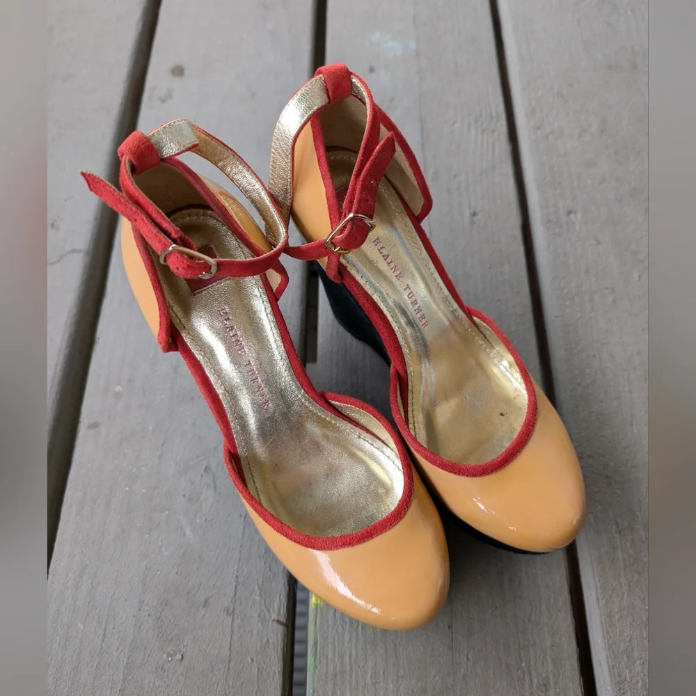 Elaine Turner Colorful Ankle Strap Platform Heels 6 Patent Leather‎ Retro Pinup